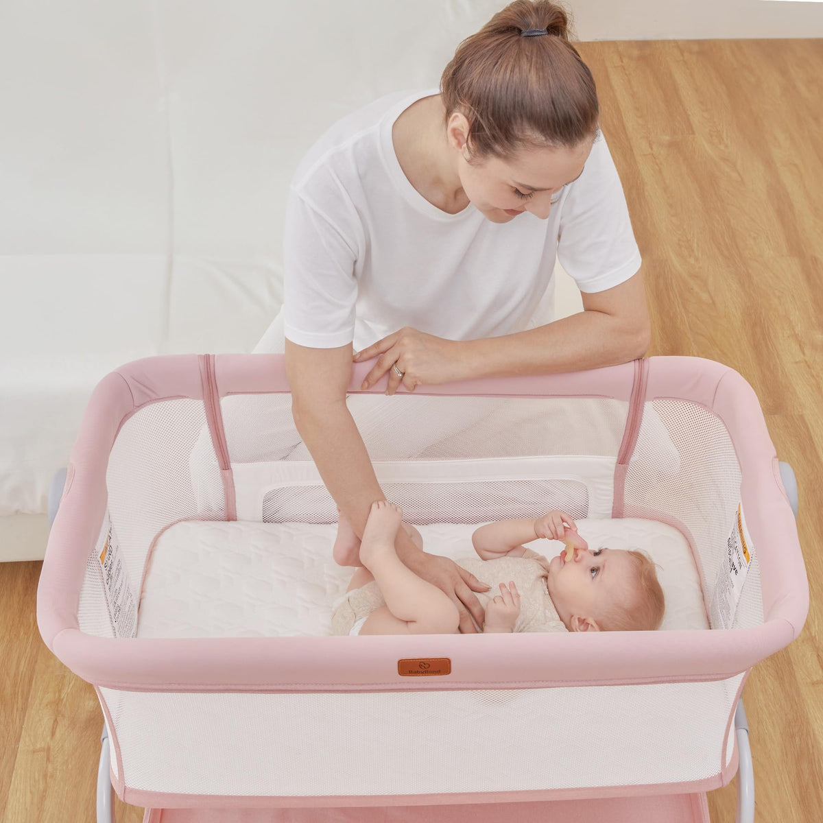 Baby Bassinet Bedside Crib with Mattress & Sheet, 4-Sided Mesh, Pink G205