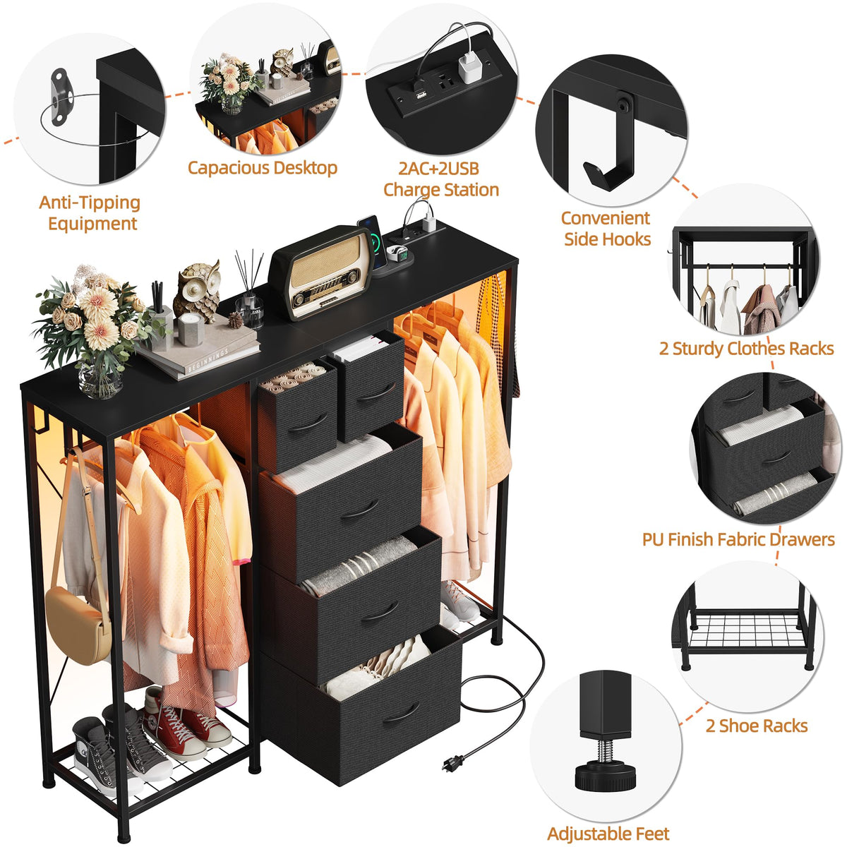 Black 5-Drawer Dresser with 2 Hanging Racks H44776