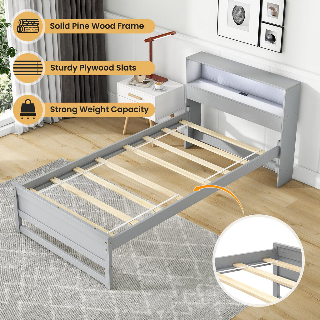 Twin Wood Platform Bed with Storage Headboard and Charging Station S4056