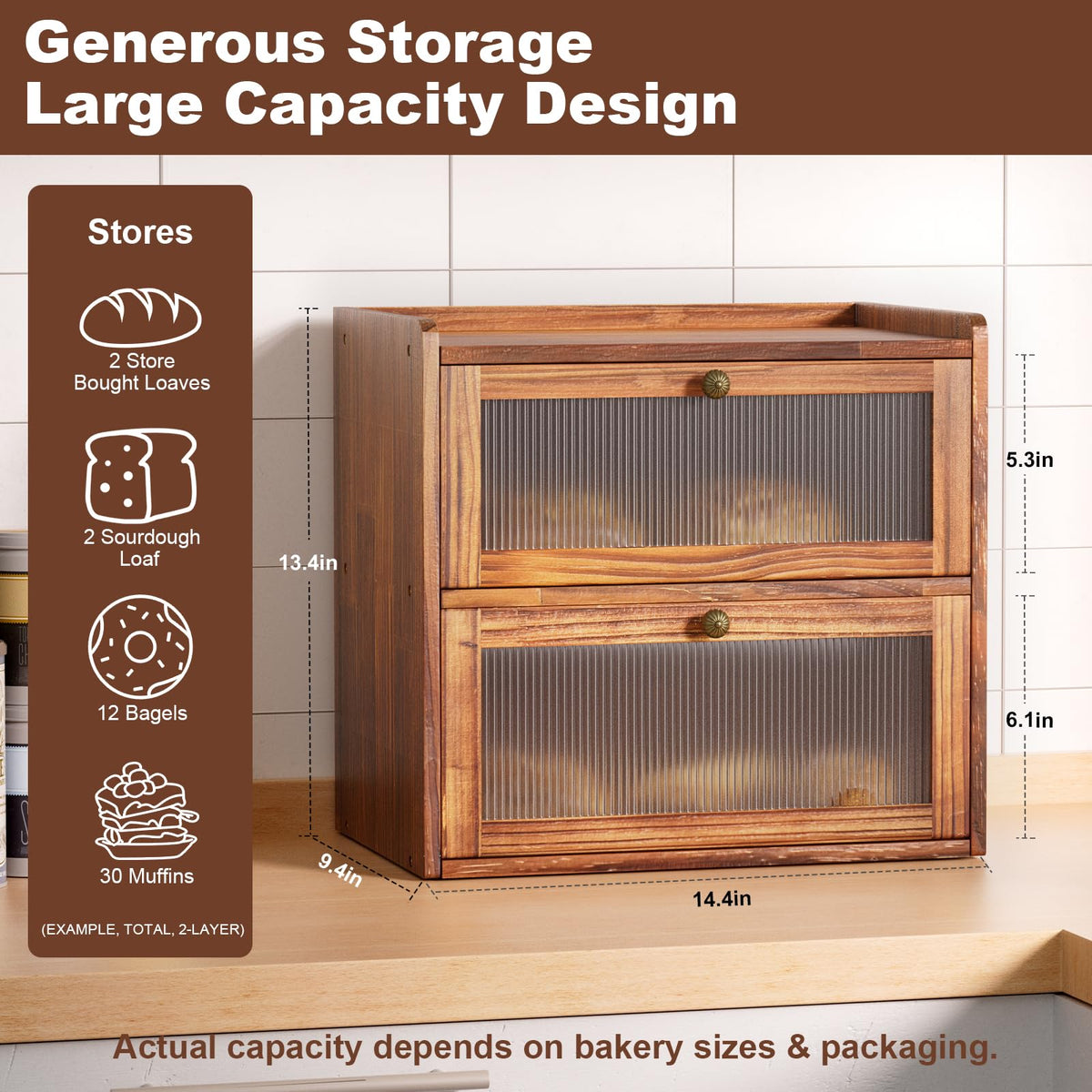 Large 2 Layer Wooden Bread Box with Window L644