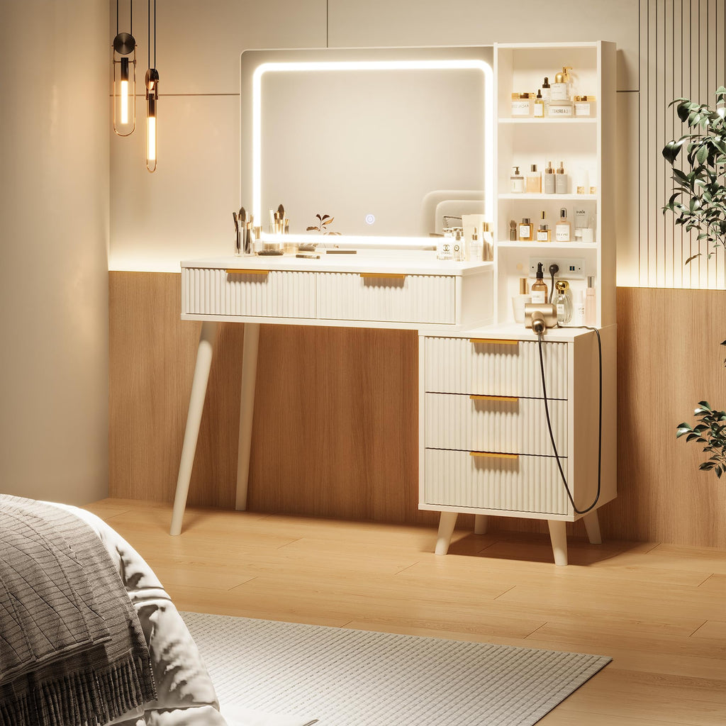 Vanity Desk with Mirror and Lights, 5 Drawers Storage Shelves, 3 Color Modes V7198