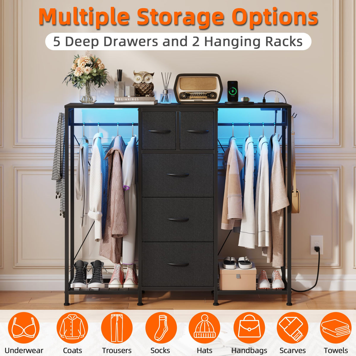 Black 5-Drawer Dresser with 2 Hanging Racks H44776