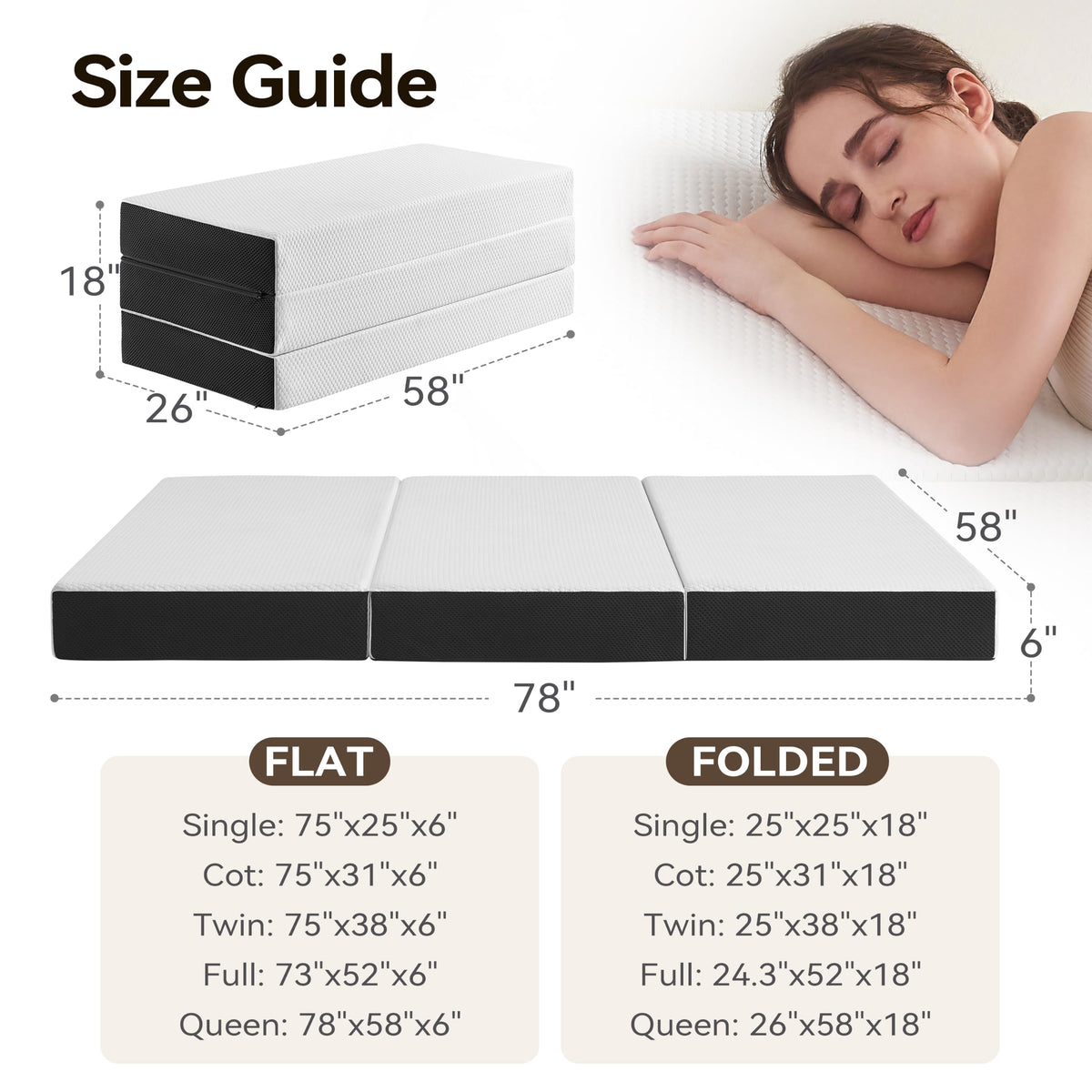 6 Inch Tri Fold Memory Foam Queen Mattress with Washable Cover U70544