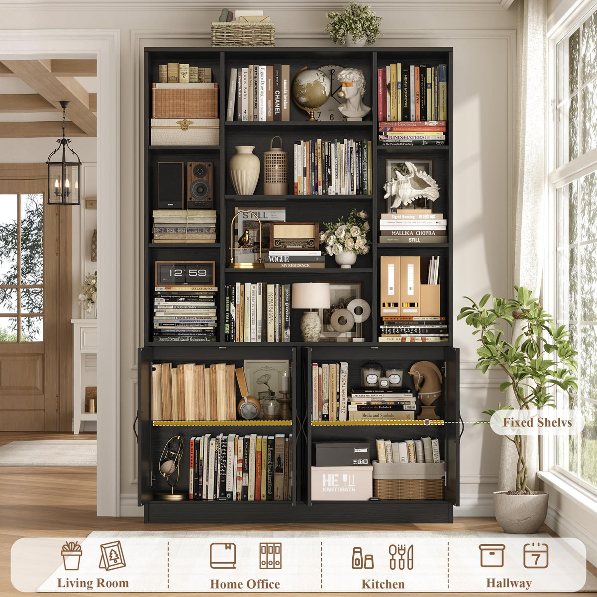 72" Tall Black Bookshelf with Storage F577