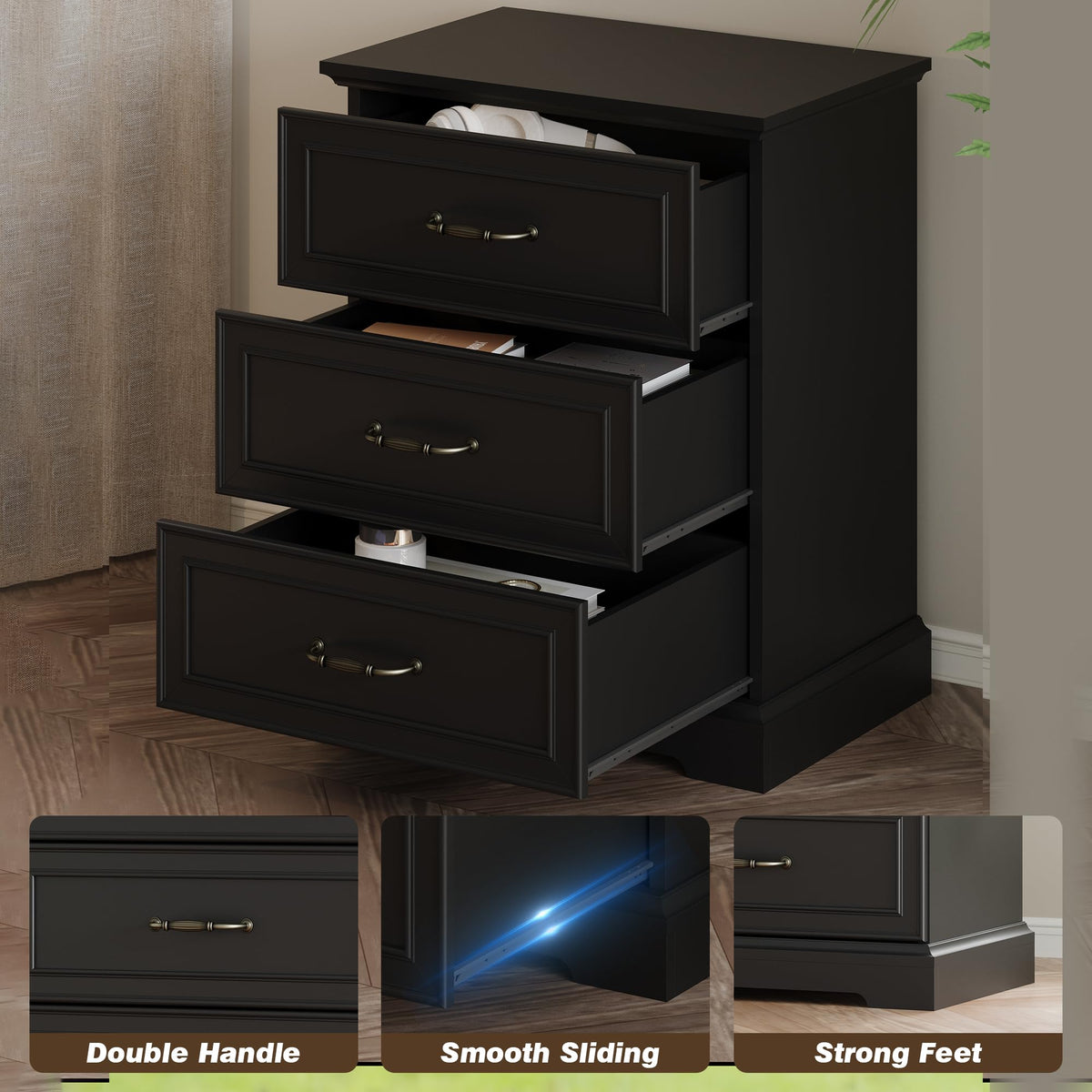 Black 3 Drawer Wood Dresser V848841