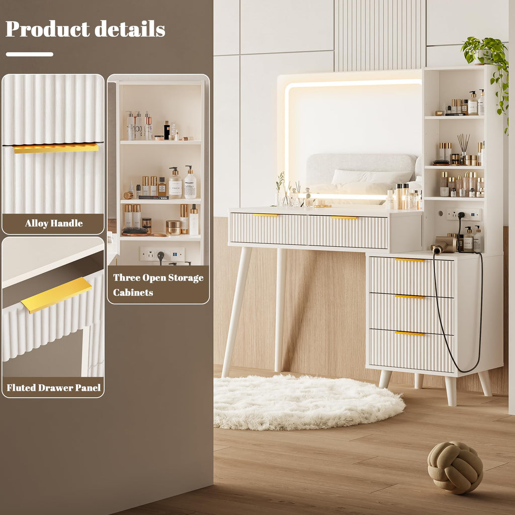 Vanity Desk with Mirror and Lights, 5 Drawers Storage Shelves, 3 Color Modes V7198