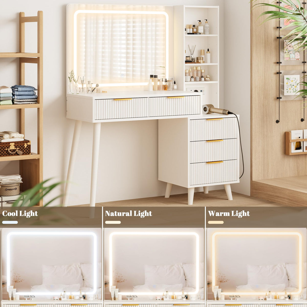 Vanity Desk with Mirror and Lights, 5 Drawers Storage Shelves, 3 Color Modes V7198