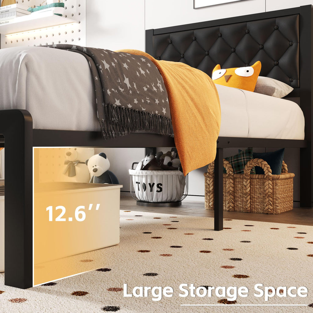 Black PU Leather Upholstered Twin Bed Frame with Headboard L78804