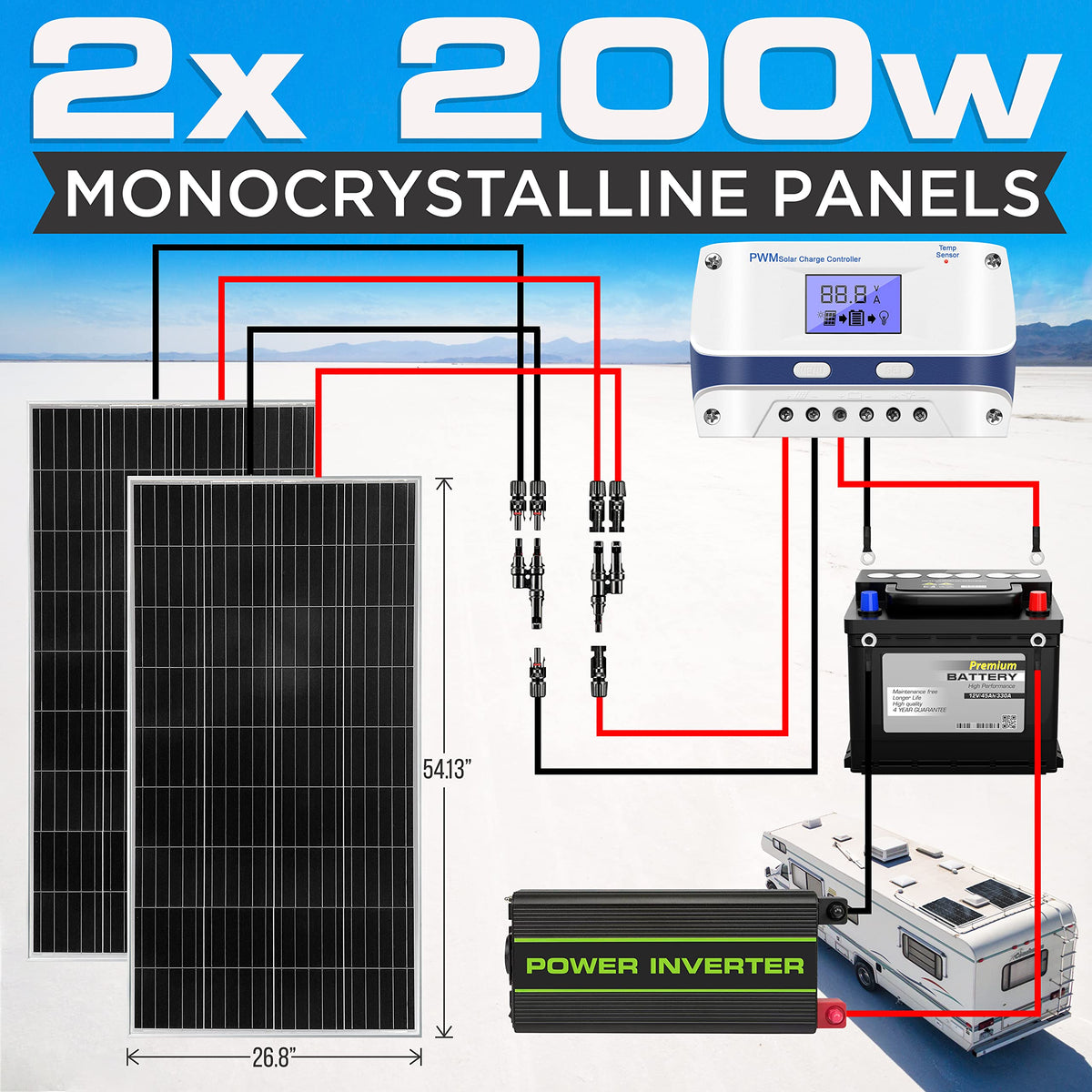 400 Watt 12V Portable Solar Starter Kit with 2 Pcs 200W Monocrystalline Set and 30A PWM Controller B21479