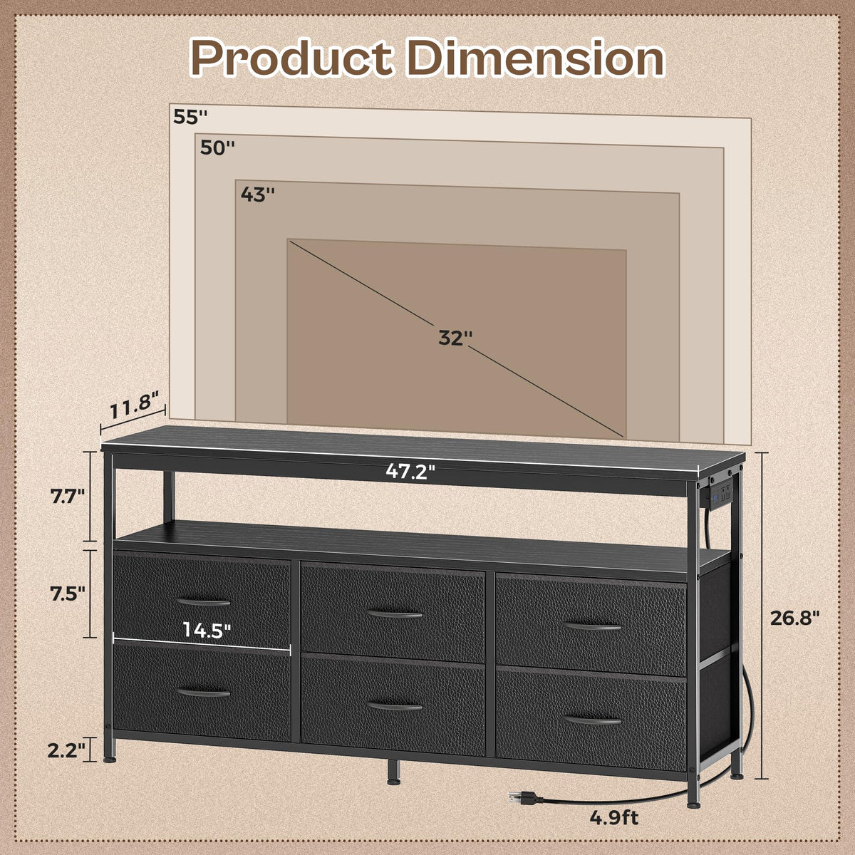 Black 47 Inch 6 Drawer TV Stand with Power Outlets U590