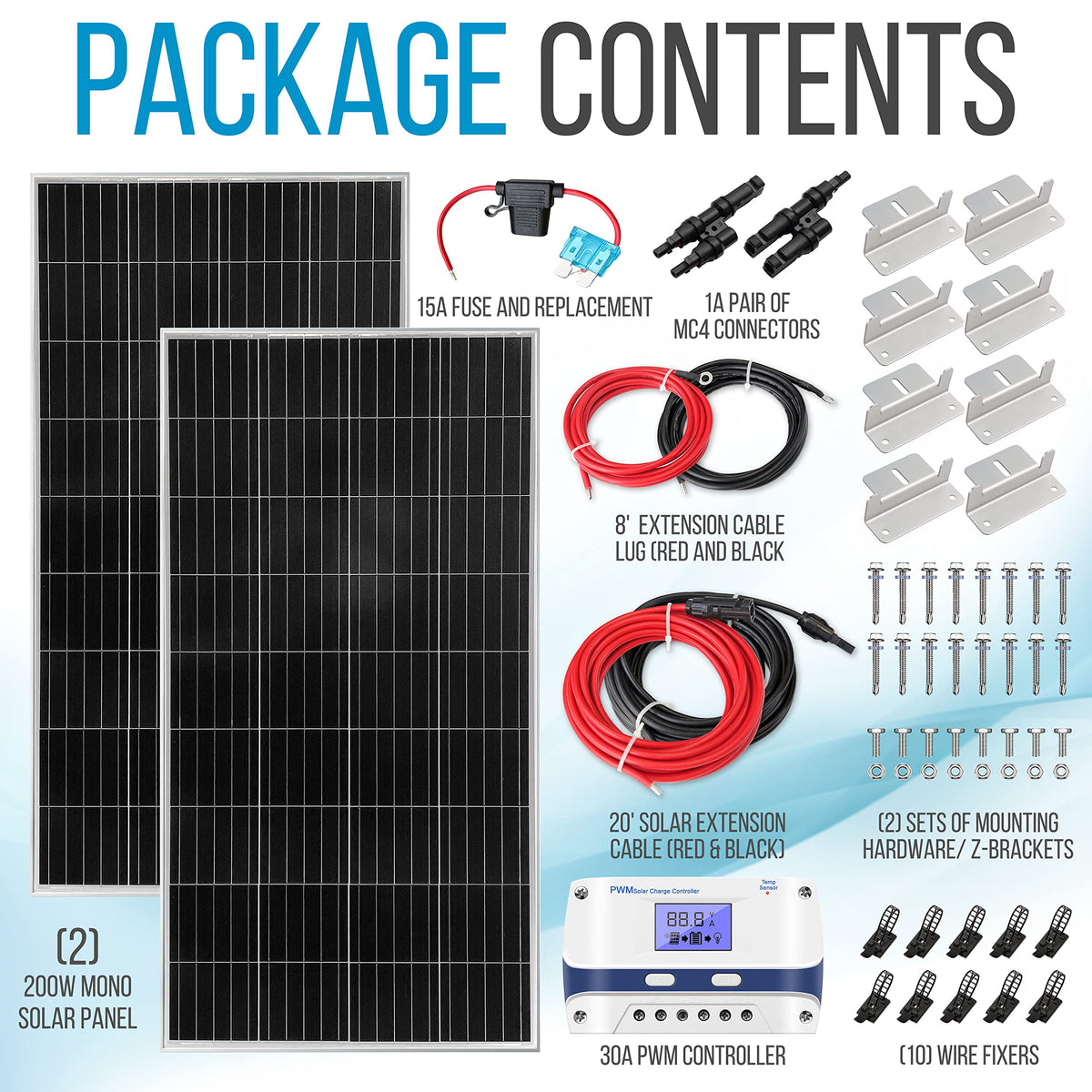 400 Watt 12V Portable Solar Starter Kit with 2 Pcs 200W Monocrystalline Set and 30A PWM Controller B21479