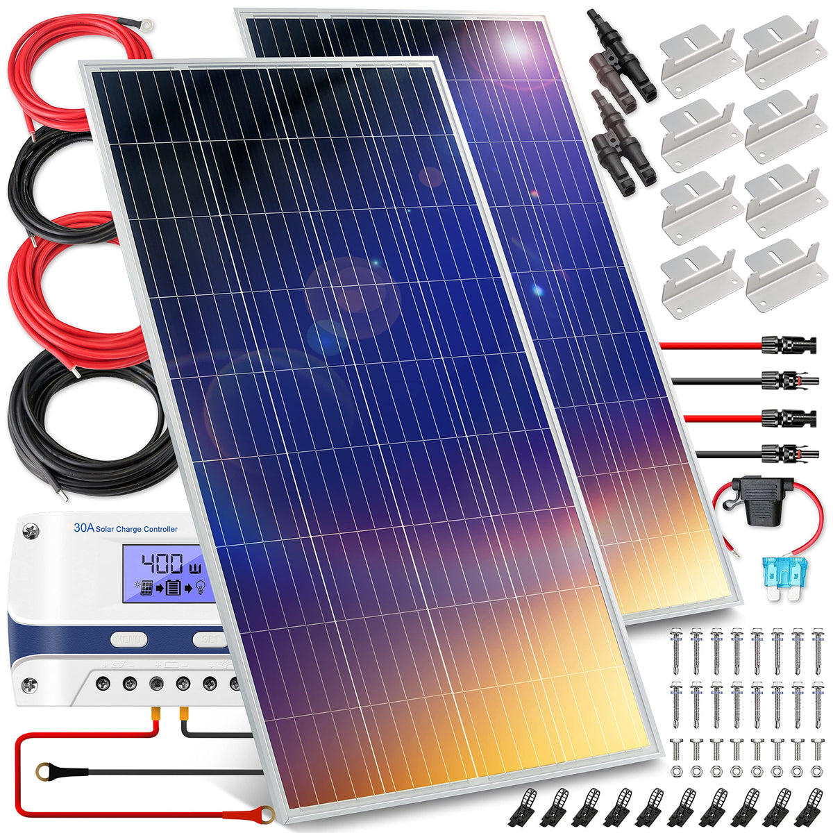 400 Watt 12V Portable Solar Starter Kit with 2 Pcs 200W Monocrystalline Set and 30A PWM Controller B21479