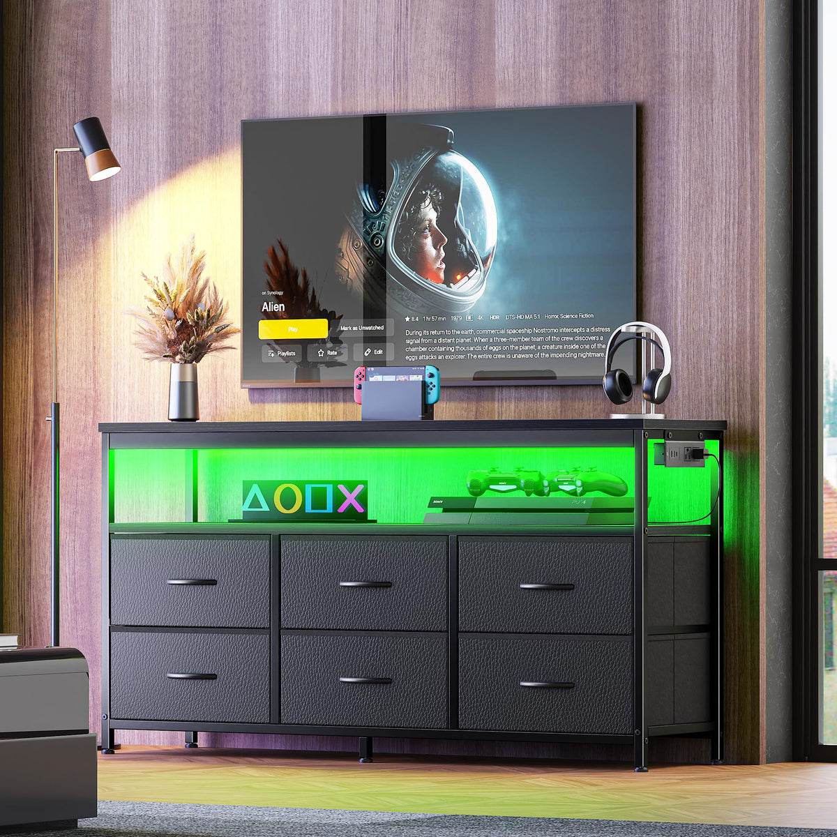 Black 47 Inch 6 Drawer TV Stand with Power Outlets U590