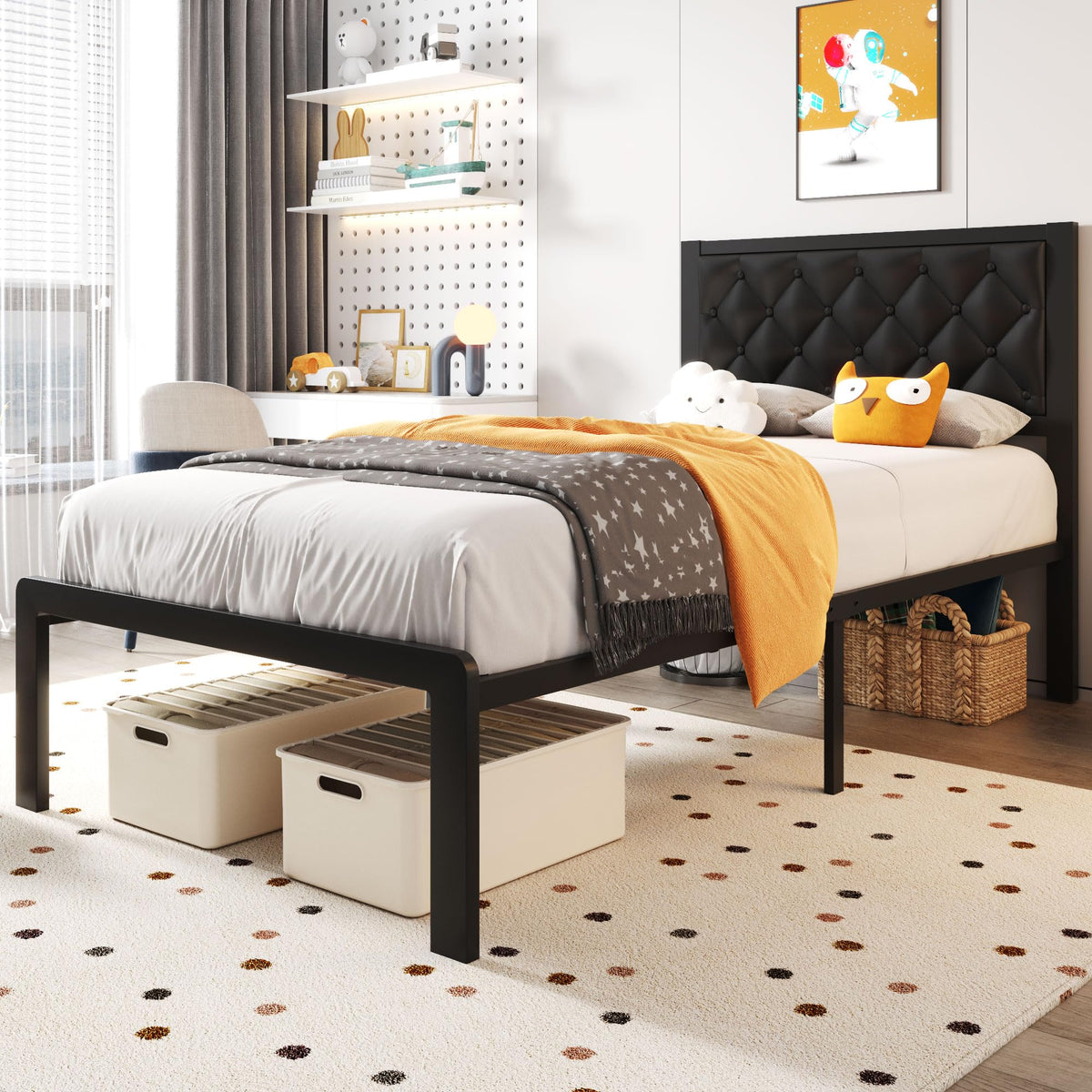 Black PU Leather Upholstered Twin Bed Frame with Headboard L78804