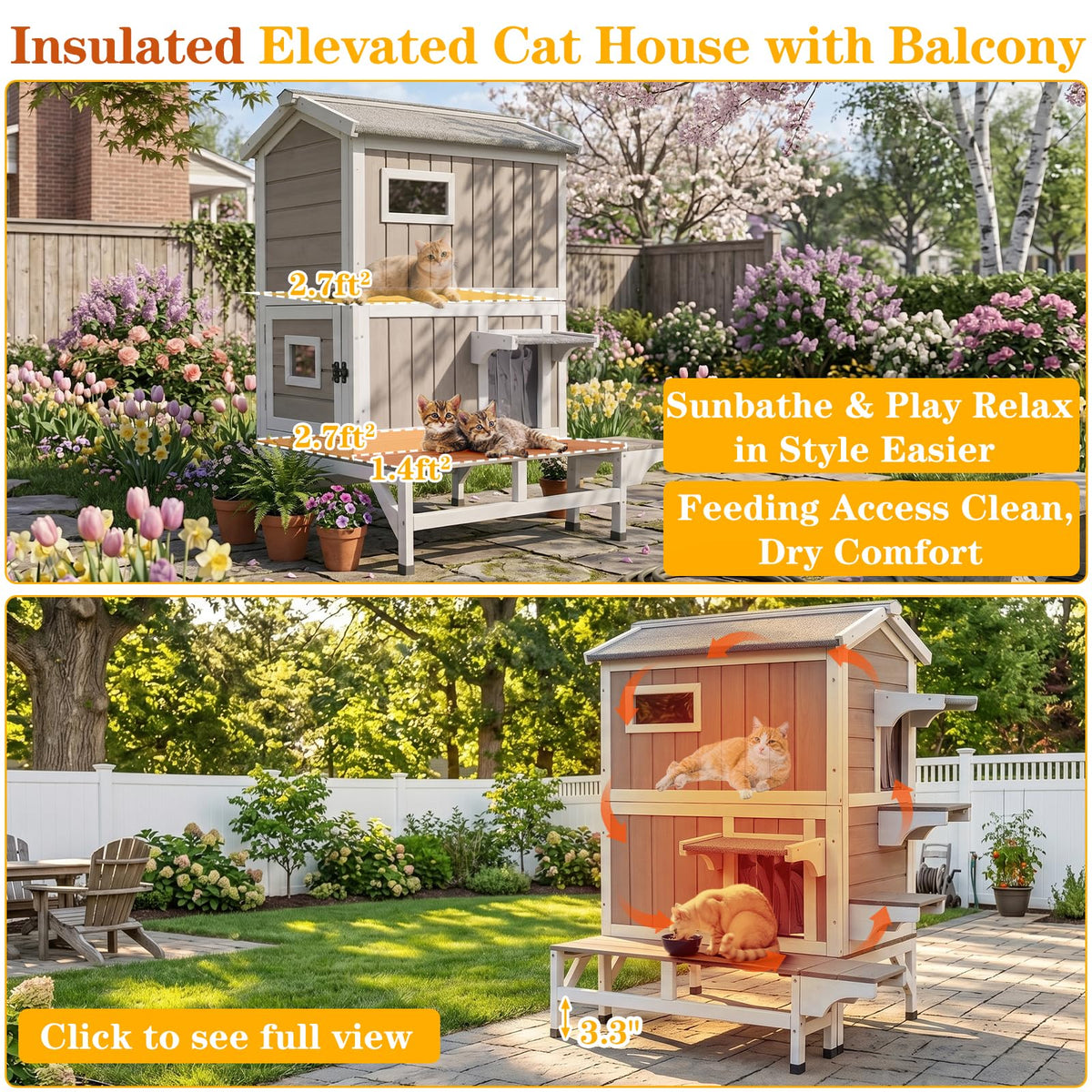 Insulated Outdoor Cat House 2-Story Wooden Shelter H688945