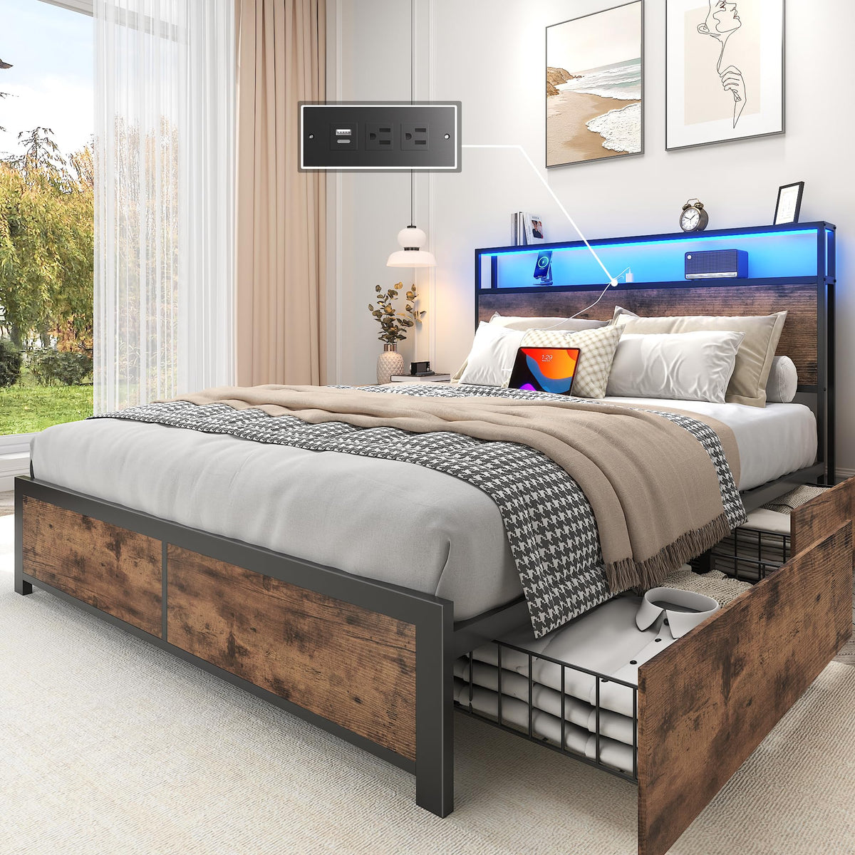 Full Metal Platform Bed Frame with Storage Headboard and Drawers X91092