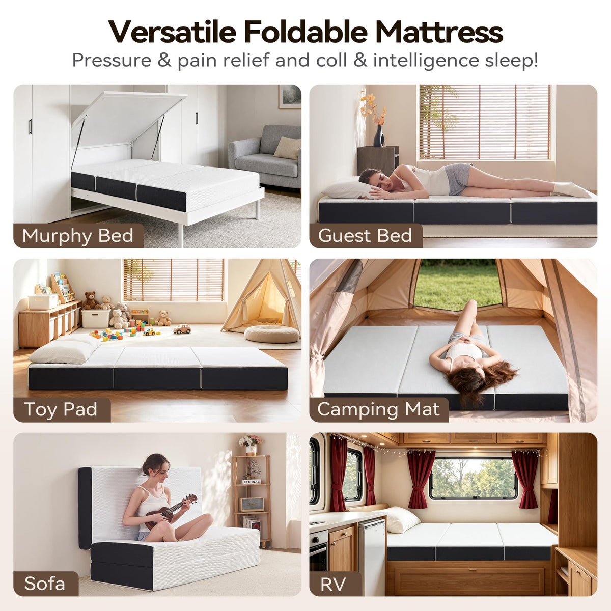 6 Inch Tri Fold Memory Foam Queen Mattress with Washable Cover U70544